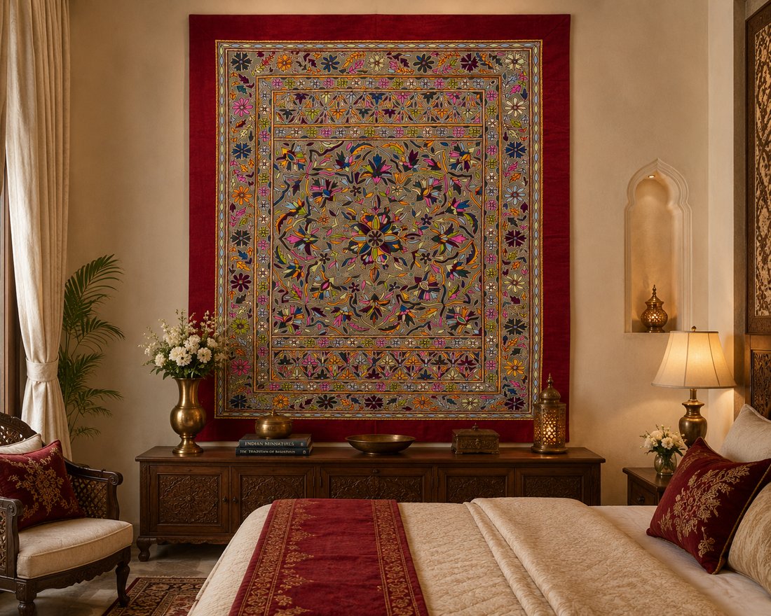 The Phool Mahal panel hung above a bed in an ivory room