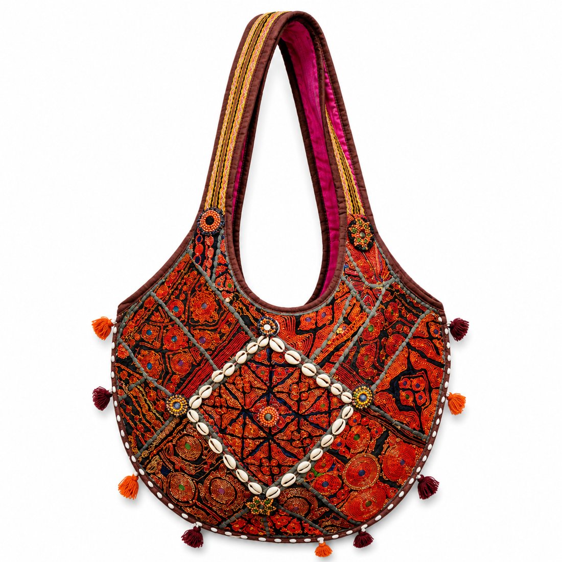 Rajasthani Folk Embroidered Hobo Bag – Orange & Black