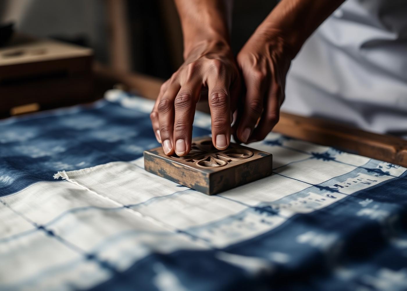 An embroiderer working thread into cotton by daylight